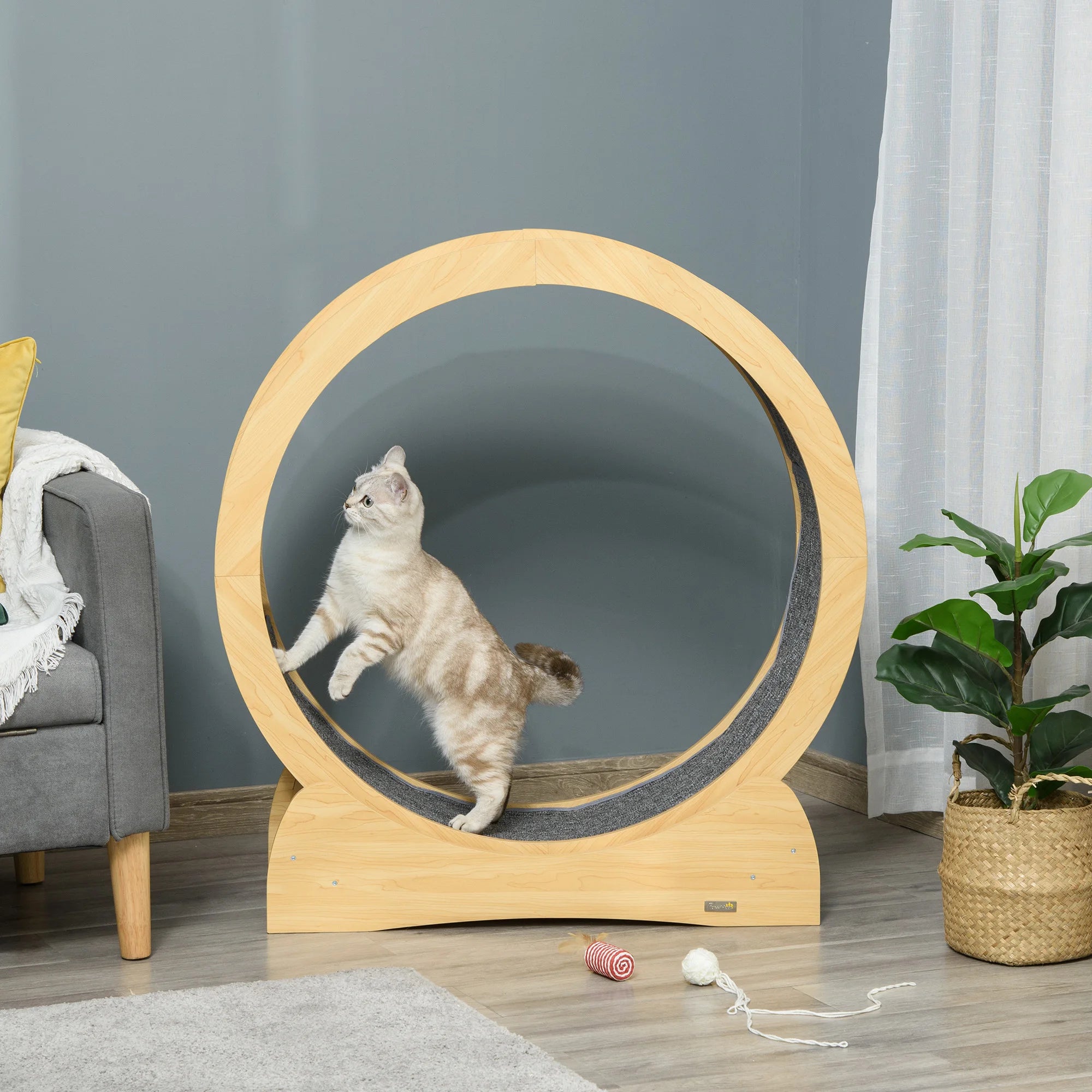 Wooden Cat Exercise Wheel Treadmill 30 Inch with Brake Carpet Running Surface for Indoor Cats