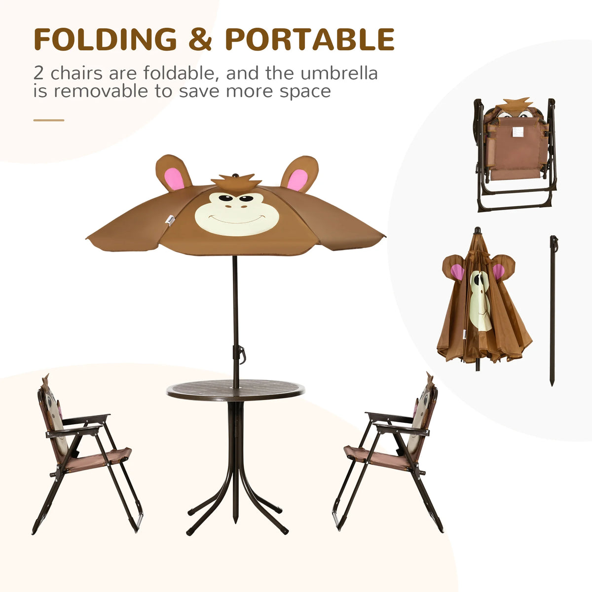 Kids 4 Piece Folding Garden Set with Table 2 Chairs and 6 Bone Parasol Monkey Design Metal Brown
