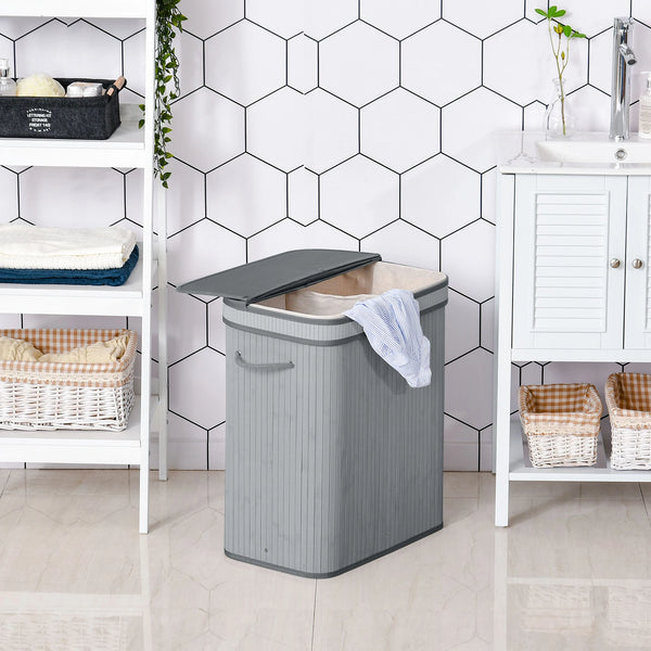 100L Wooden Laundry Basket with 2 Compartments, Lid and Removable Liner, Grey