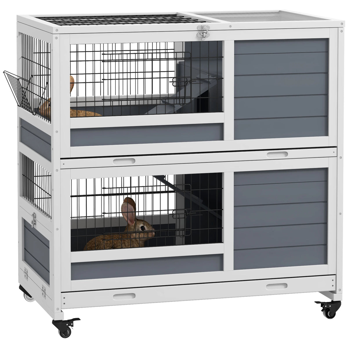 Double Decker Indoor Rabbit Hutch with Feeding Troughs 2 Slide Out Trays Ramps and Wheels White