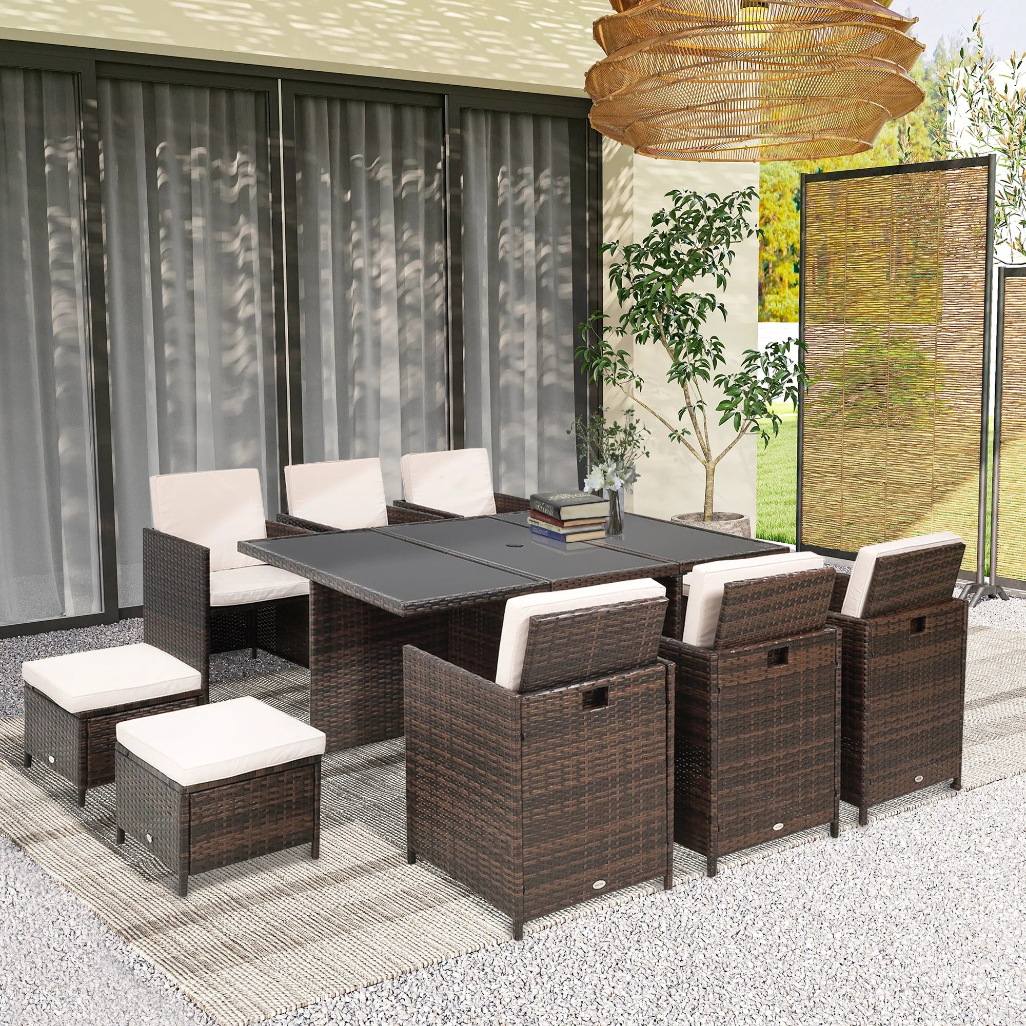 11-Piece Rattan Cube Garden Dining Set with Glass Table, 6 Armchairs, 4 Footstools and Parasol Hole