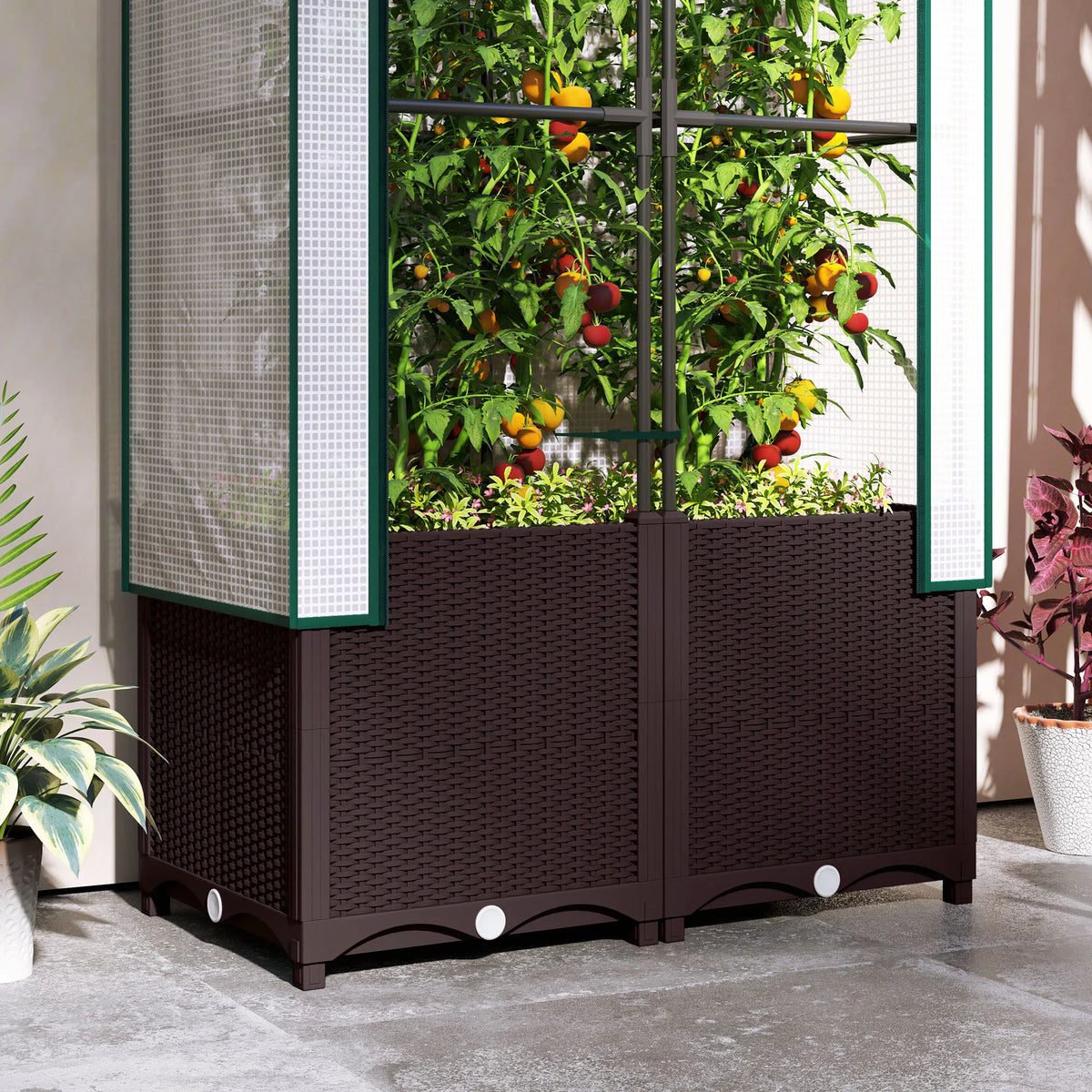 Plastic Raised Garden Planter with Trellis and Cover, Drainage Holes, 80 x 40 x 140 cm