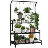 Tall 3 Tier Plant Stand 170cm with Hanging Hooks Slatted Shelves 30kg Indoor Outdoor Ladder Rack Black