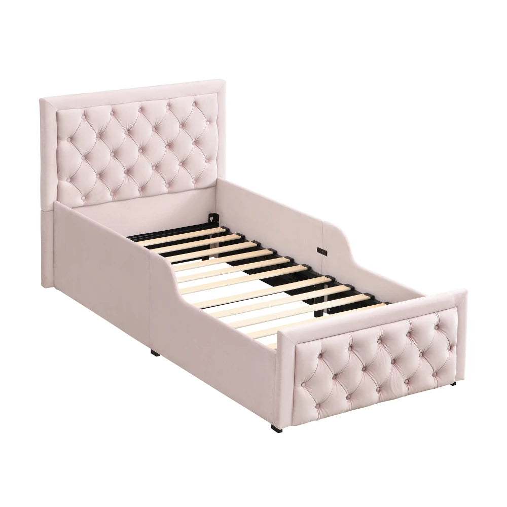 Upholstered Single Bed 3FT 90 x 190cm, Children's Hydraulic Storage Bed with Headboard, Pink Velvet