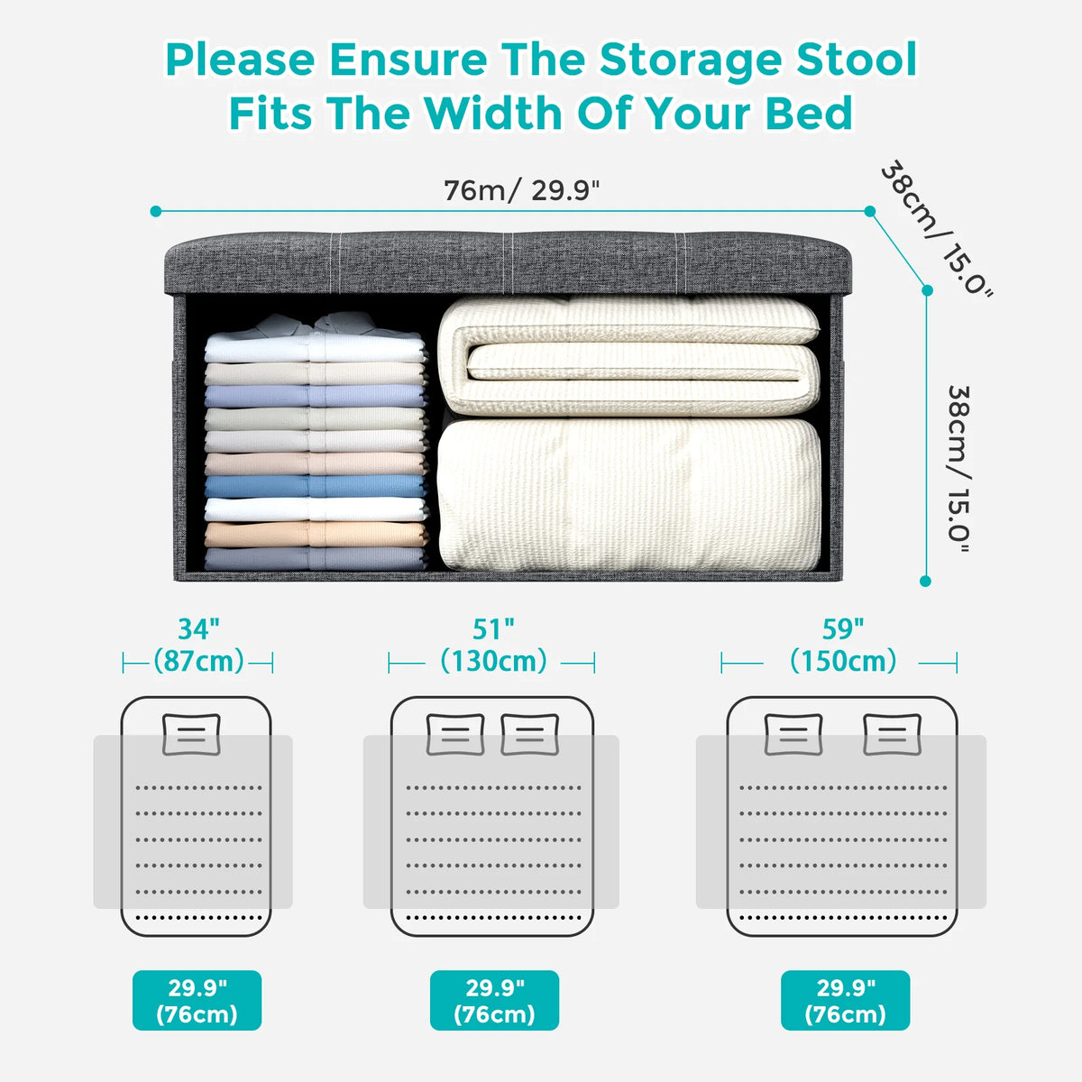 Folding Storage Ottoman Bench 76cm | 150kg Capacity Hidden Storage for Living Room Hallway Bedroom