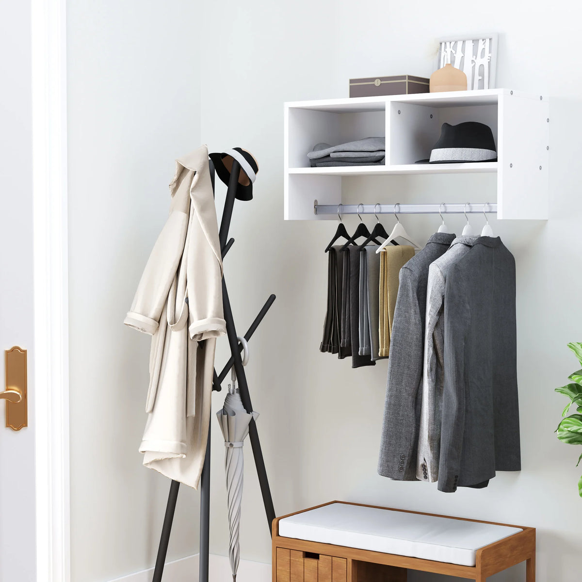 Wall Mounted Coat Rack with Clothes Rail and 2 Shelves Melamine Particle Board Water Resistant E1 White
