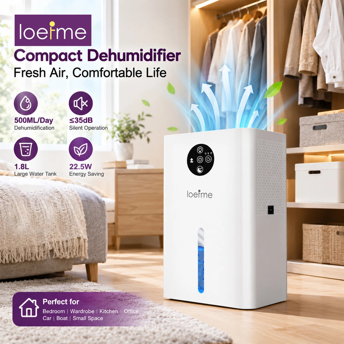 500ml per Day Mini Dehumidifier with Touch Display, 1.8L Tank