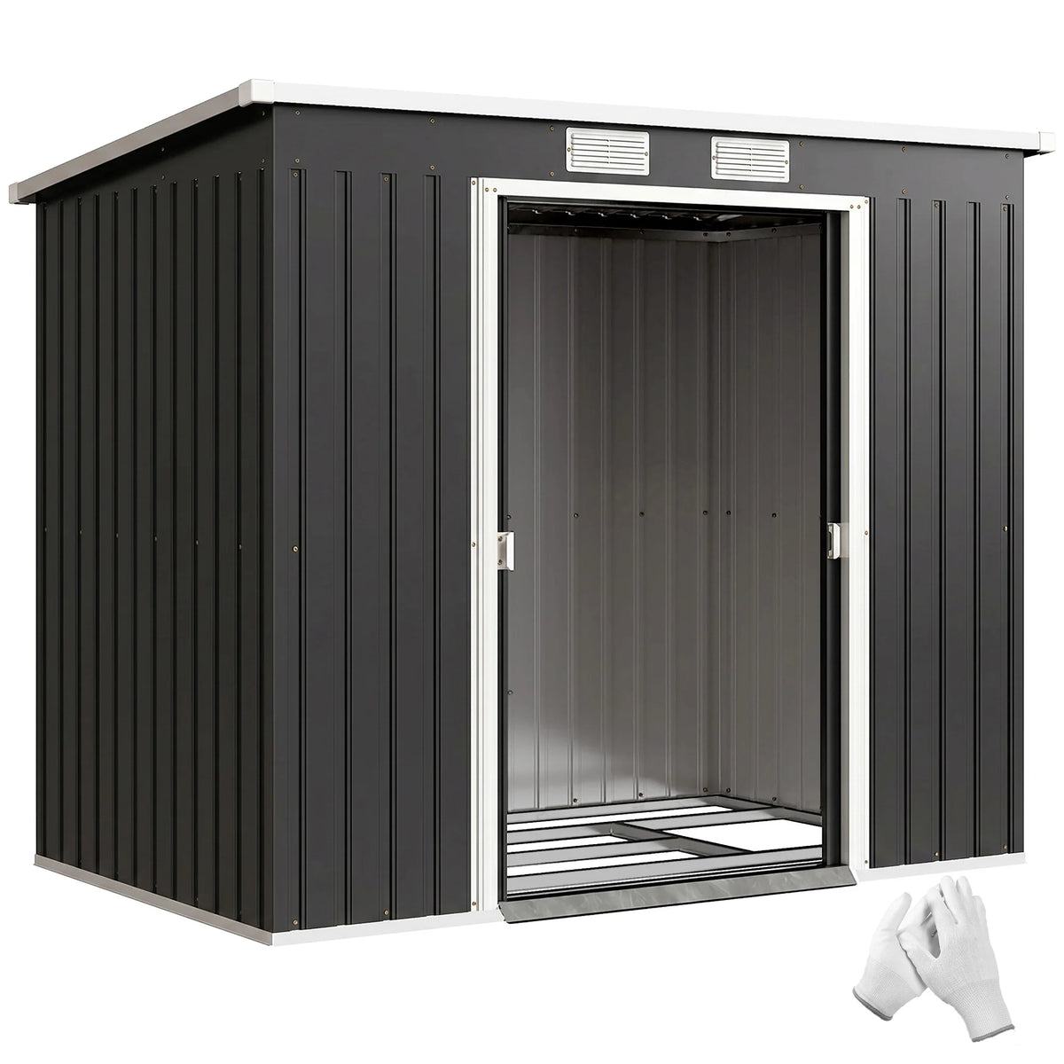 Lean-to Metal Garden Shed with Sliding Doors and Vents, 7 x 4ft