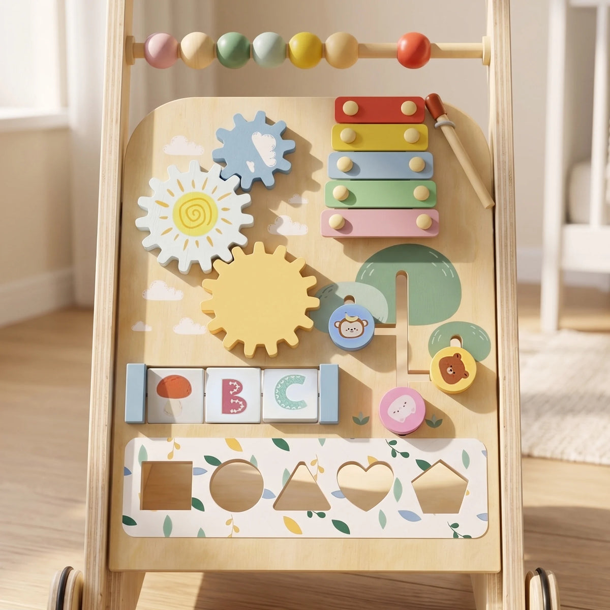 Wooden Baby Walker with Adjustable Wheel Speed, Activity Centre and 5 Blocks
