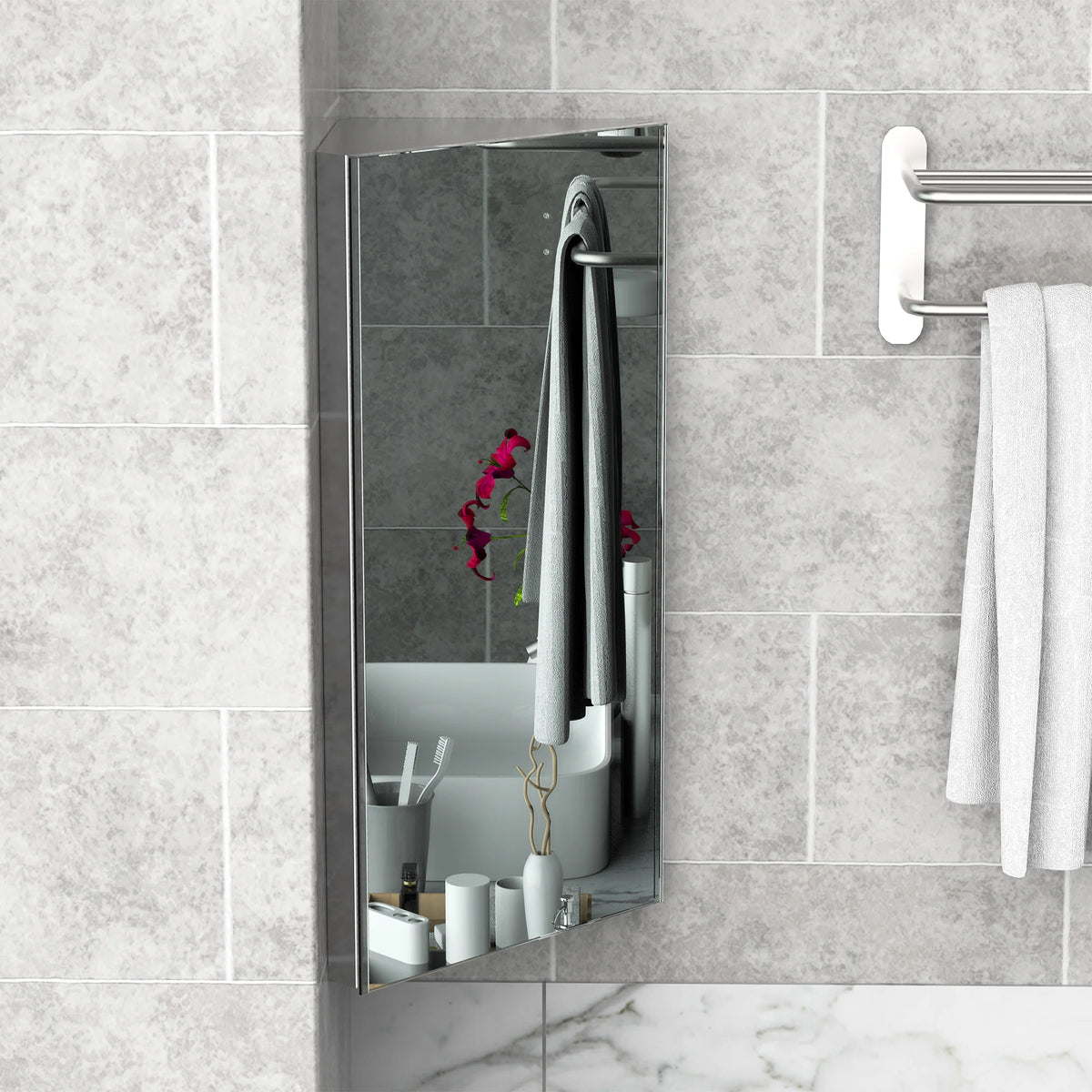 Bathroom Corner Mirror Cabinet Wall Mounted Stainless Steel with 3 Shelves and Frameless Mirrored Door
