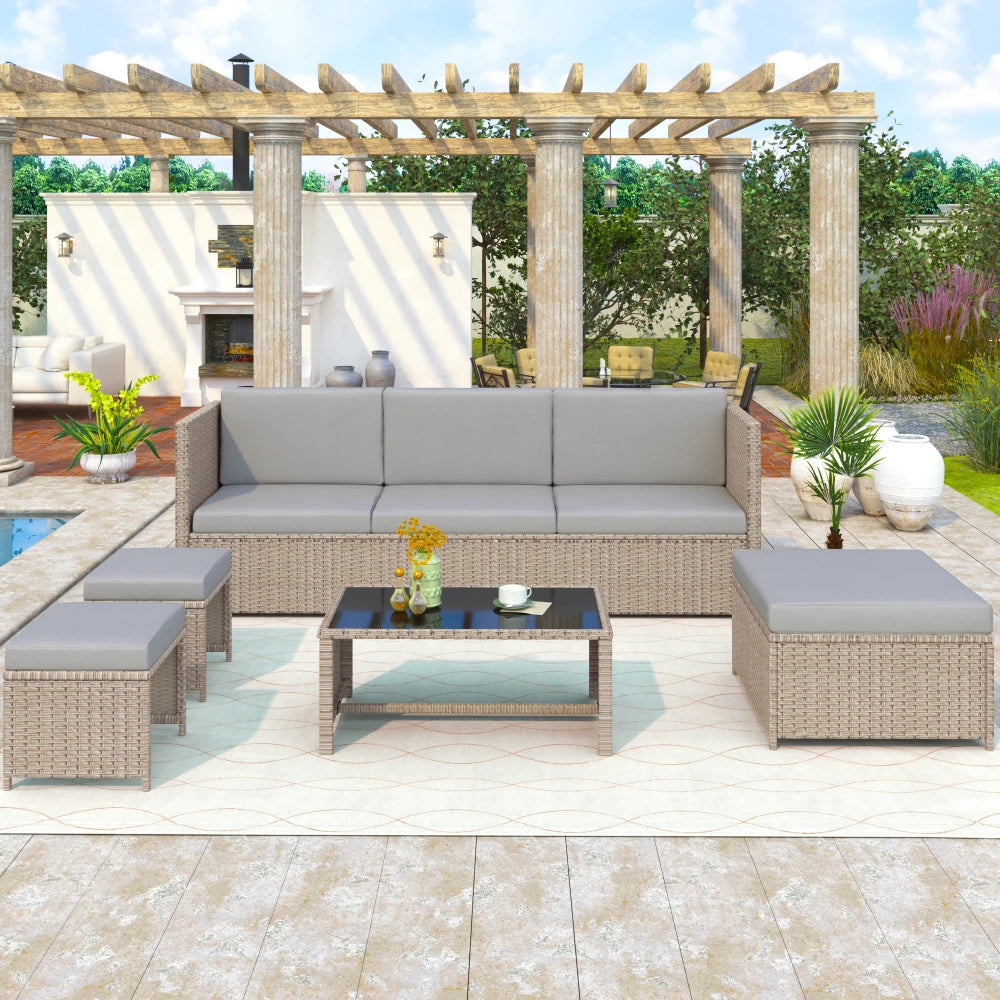 4-6 Seater Rattan Garden Lounge Set with Coffee Table, Khaki