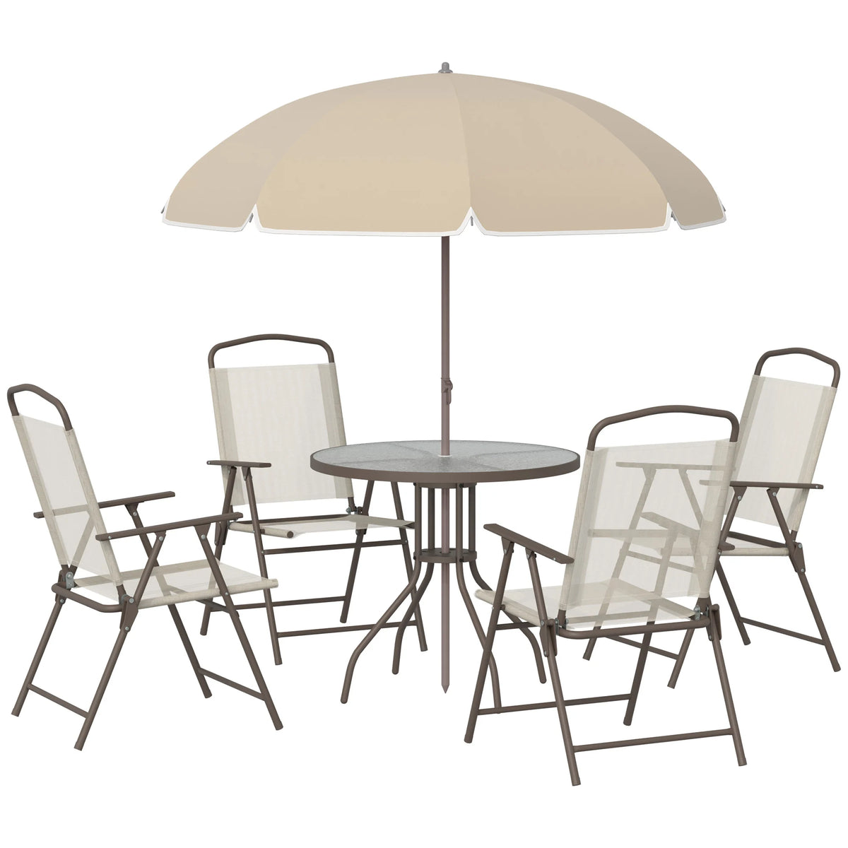 6 Piece Garden Dining Set with Parasol, Patio Table and 4 Chairs, Tempered Glass Top
