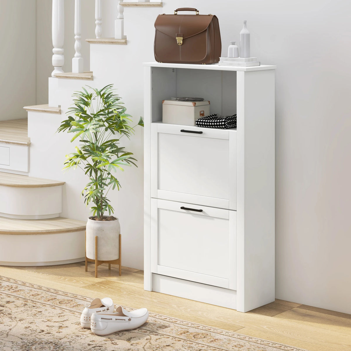 Modern Shoe Cabinet with 2 Flip Drawers and Adjustable Shelves, White
