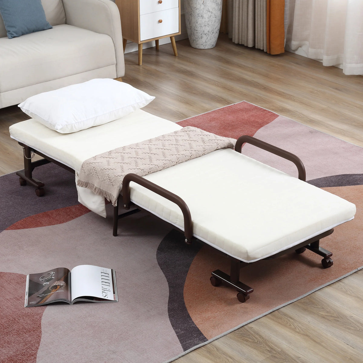 Folding Guest Bed with 8cm Mattress and Adjustable Backrest, Single 190 x 76 cm, on Wheels