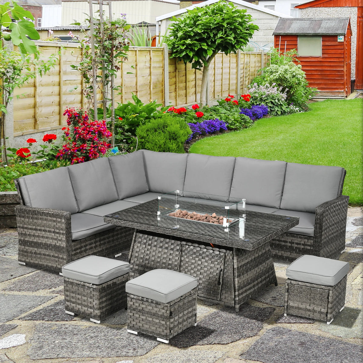 7-Piece Rattan Garden Furniture Set with Gas Fire Pit Table & Footstools