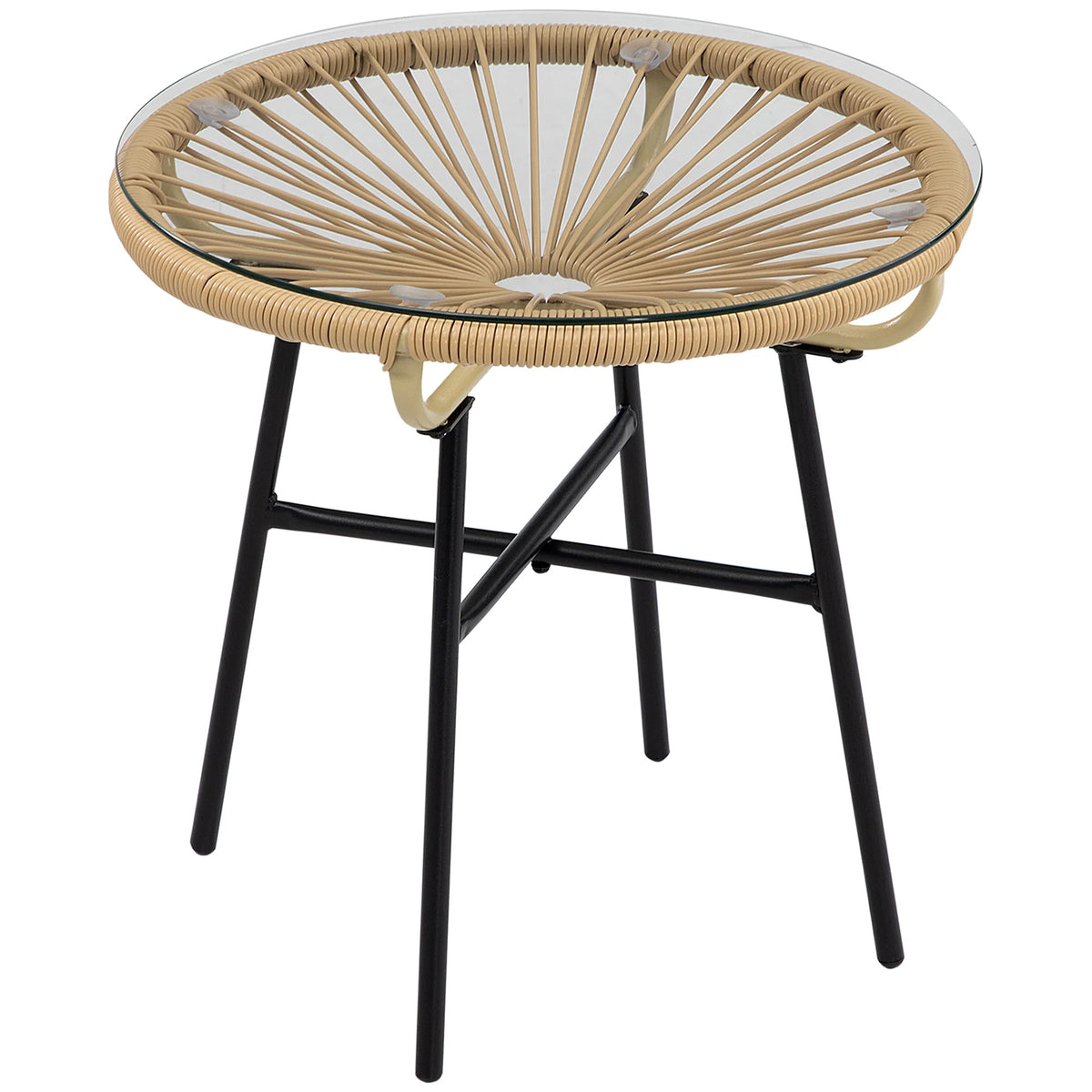 Rattan Side Table, Round Outdoor Coffee Table, with Round PE Rattan and Tempered Glass Table Top, Beige