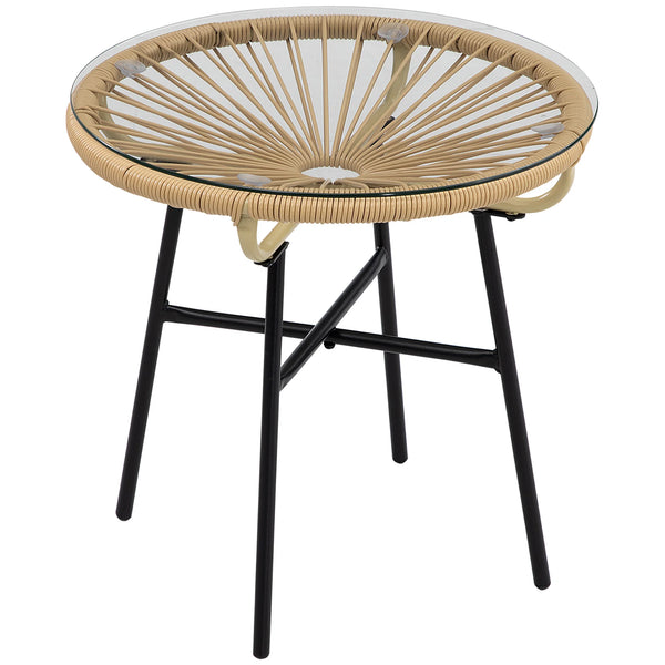 Rattan Side Table, Round Outdoor Coffee Table, with Round PE Rattan and Tempered Glass Table Top, Beige