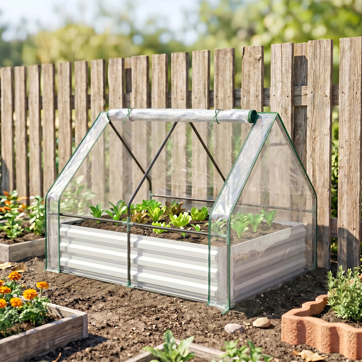 Steel Raised Garden Planter Box with Greenhouse Cover, Dual-Use, Clear