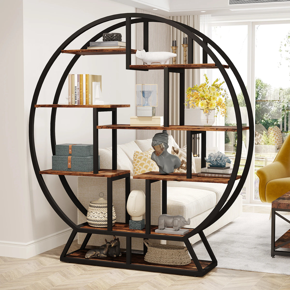 63 Inch Round Industrial Bookshelf with 14 Staggered Shelves | Rustic Brown and Black Etagere Bookcase