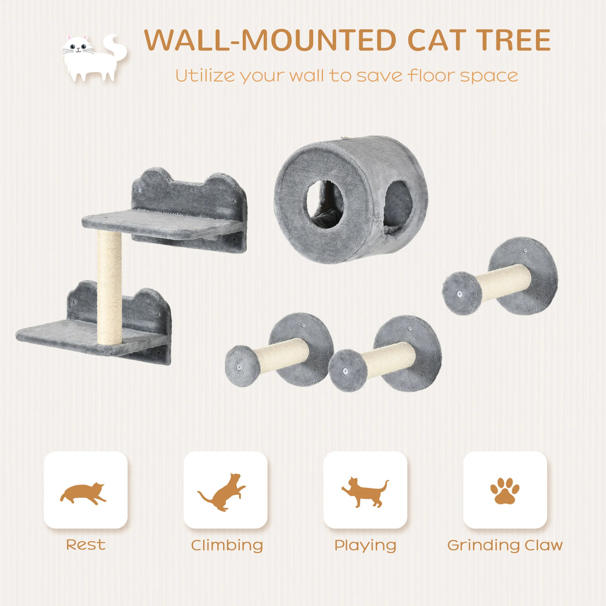 5 Piece Wall Mounted Cat Shelves Set with Cat House Scratching Posts and 6 Levels Plush Grey