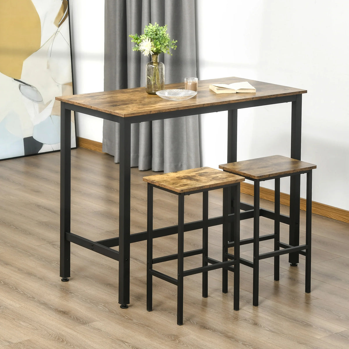 3-Piece Industrial Bar Table Set, Table and 2 Chairs, Rustic Brown