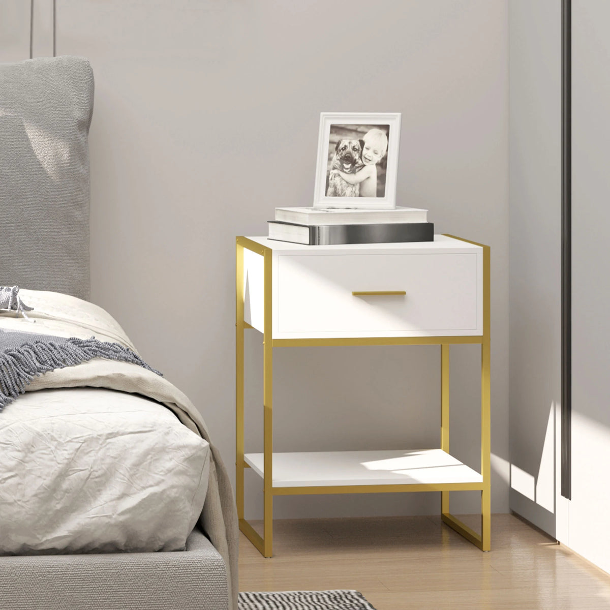 Modern Bedside Table Side Table Nightstand w/ Drawer Shelf White Gold