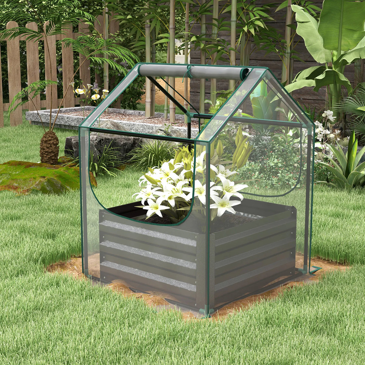 Raised Garden Bed with Greenhouse Cover, Planter Box, Clear and Dark Grey