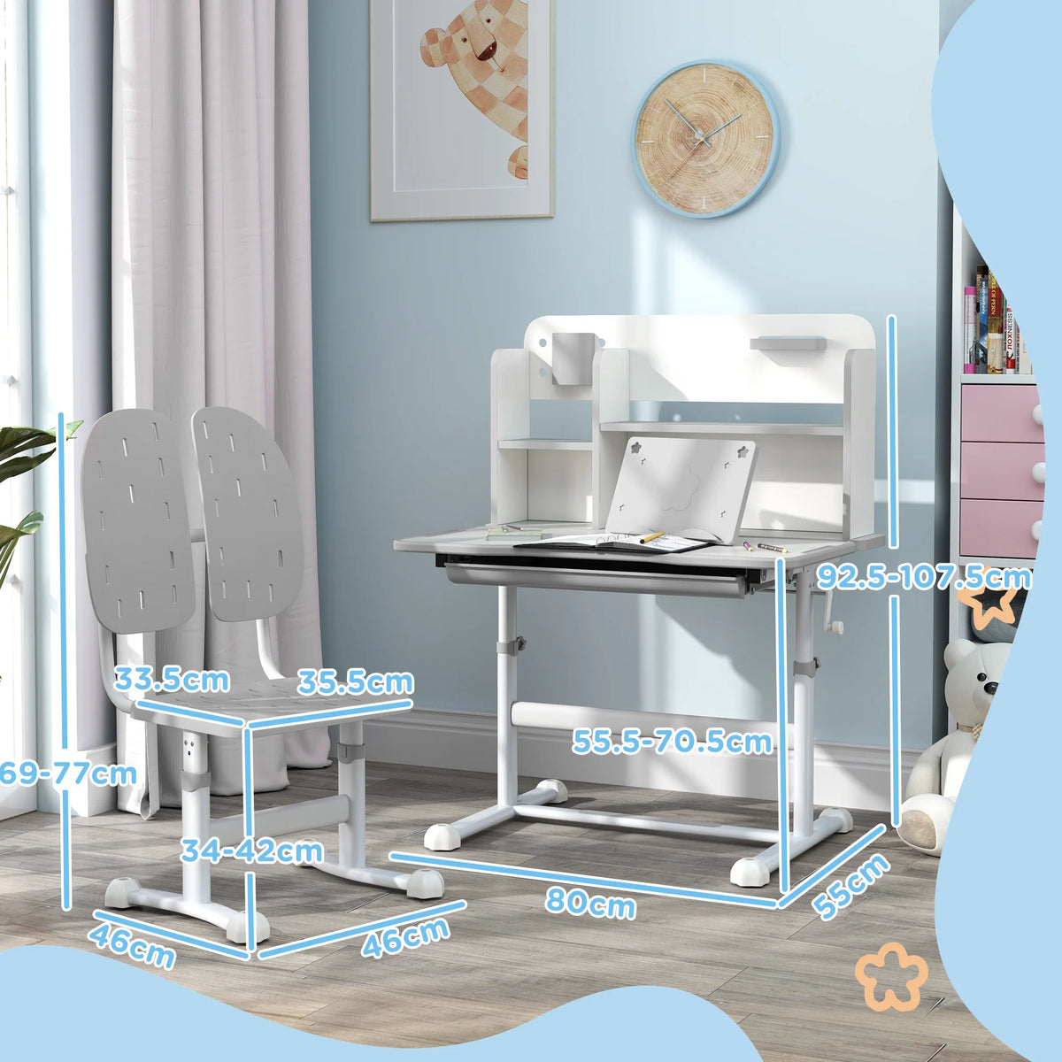 Height Adjustable Kids Study Desk with 0-45° Tiltable Top Drawer Bookshelf and Reading Rack Ages 3-13