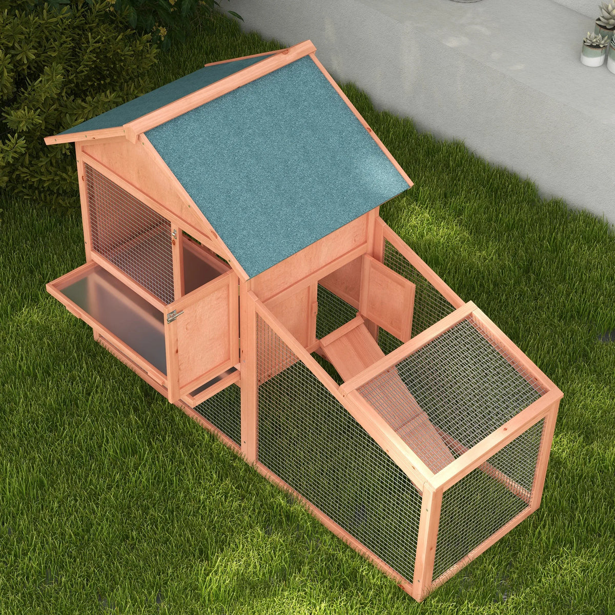 Large Rabbit Hutch with 2 Level House Side Room and Outdoor Run Fir Wood Tilted Asphalt Roof Natural