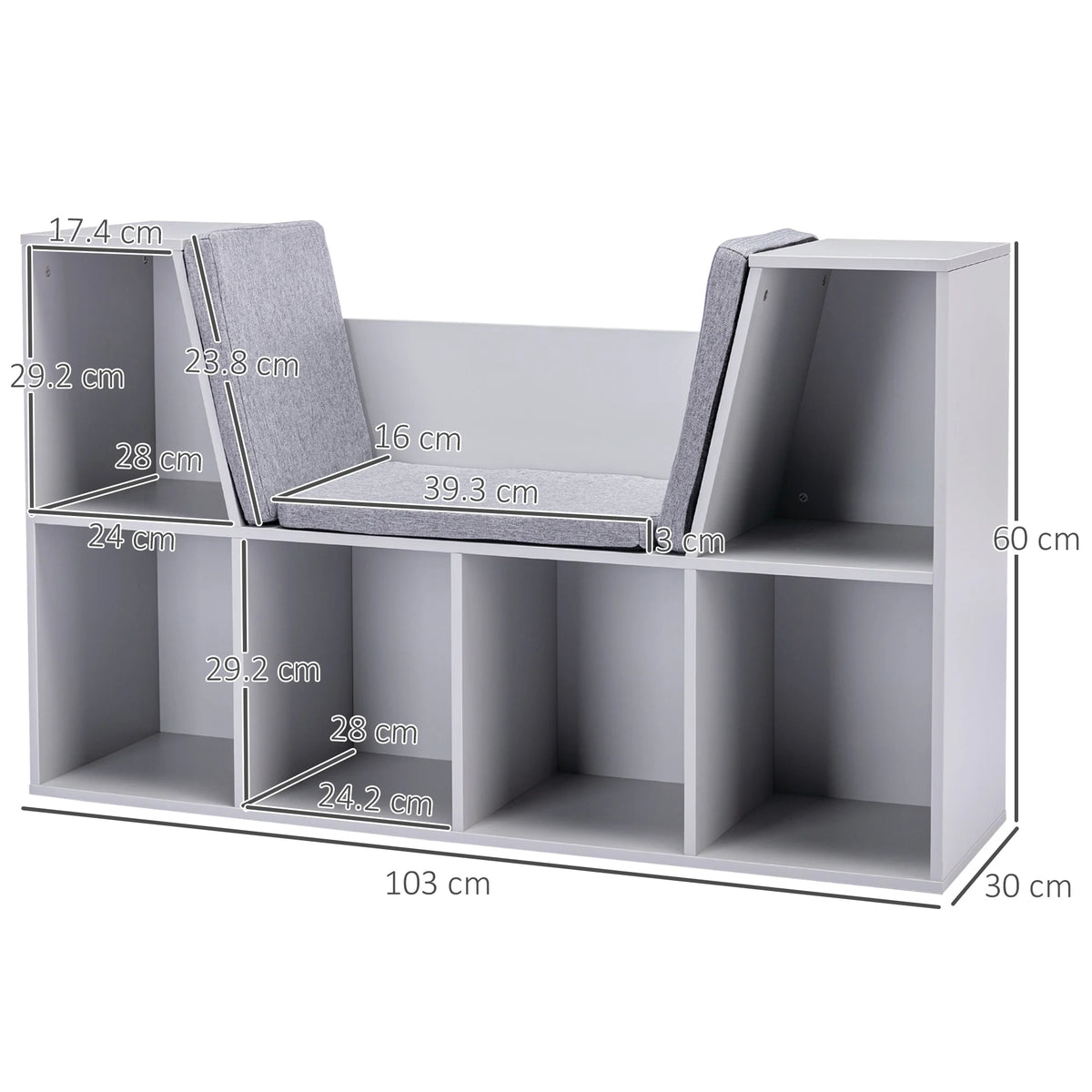 Kids Bookcase with 6 Compartments and Cushion Seat MDF Melamine Storage Unit 50kg Capacity Grey
