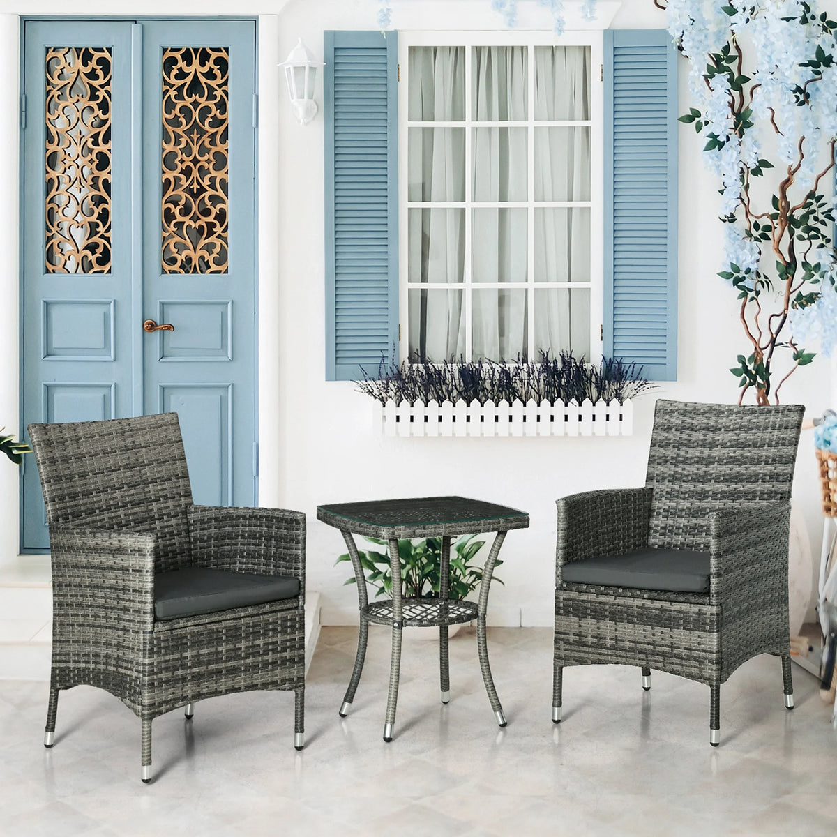 3-Piece Rattan Bistro Set with 2-Tier Coffee Table and Chairs, Grey