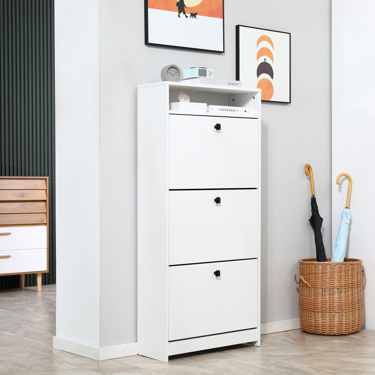 Shoe Cabinet with 3 Flip-Down Drawers and Top Shelf, Holds 18 Pairs, White