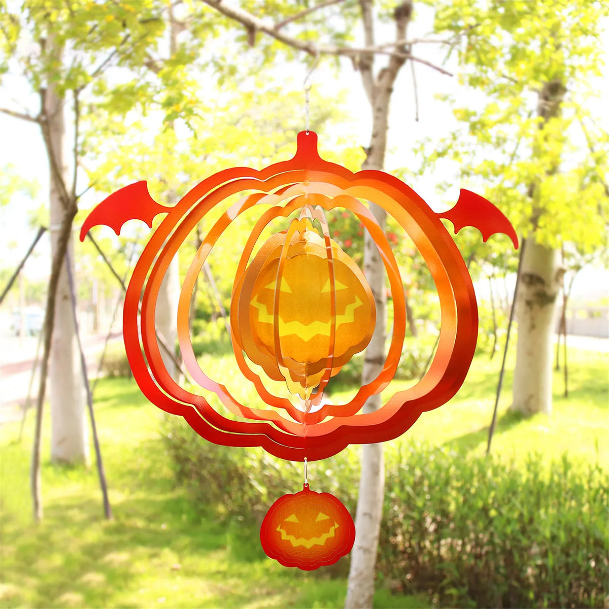Halloween Pumpkin Wind Spinner, Stainless Steel Hanging Garden Decoration, 33cm