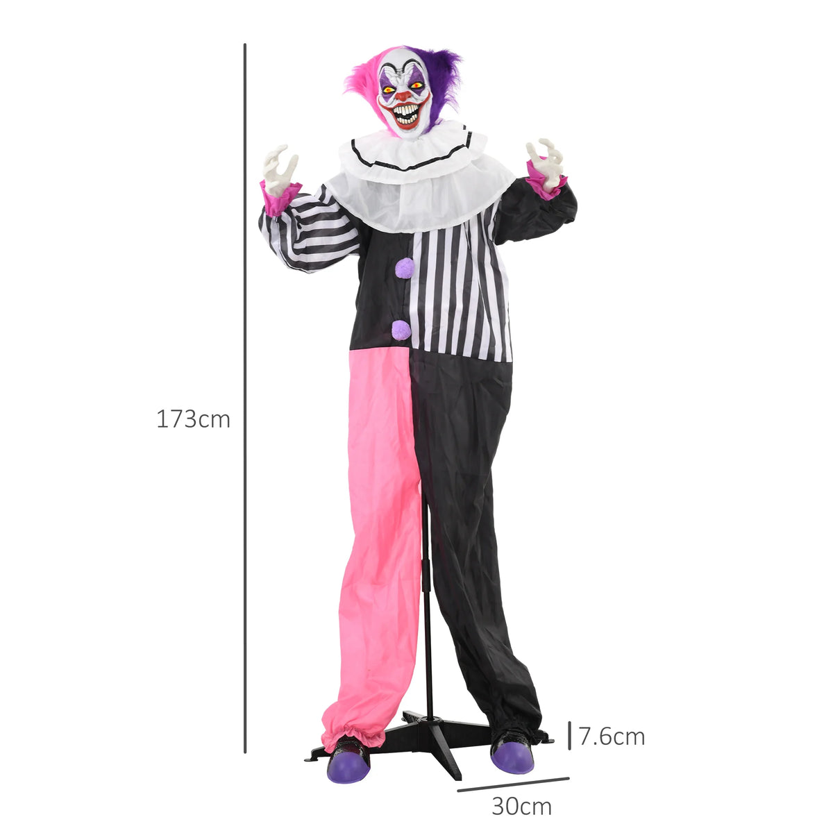Red glowing eyes on a pink and purple Halloween clown