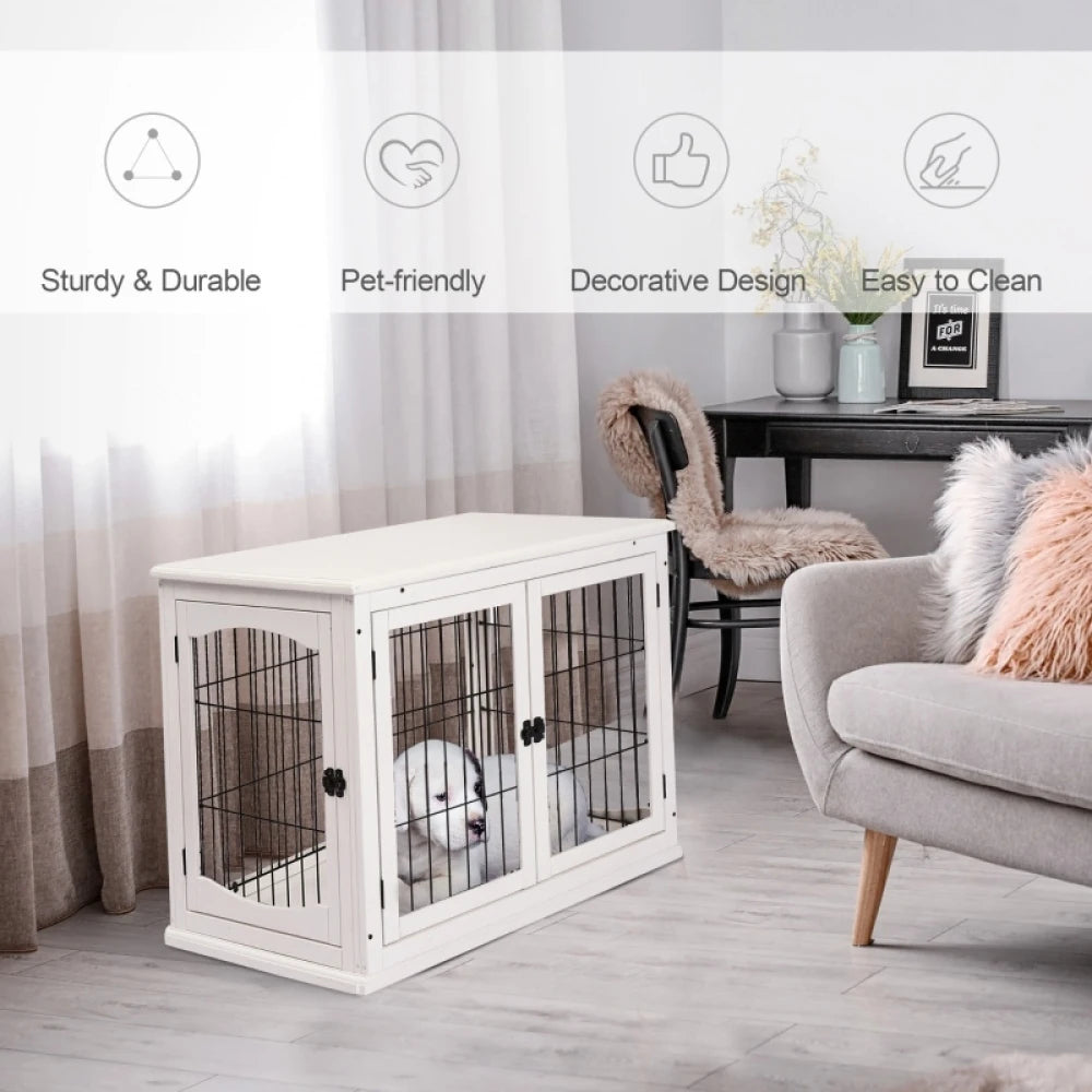 Dog Crate Furniture Puppy End Table 81x58.5x66cm White with 2 Doors for Medium Small Dogs