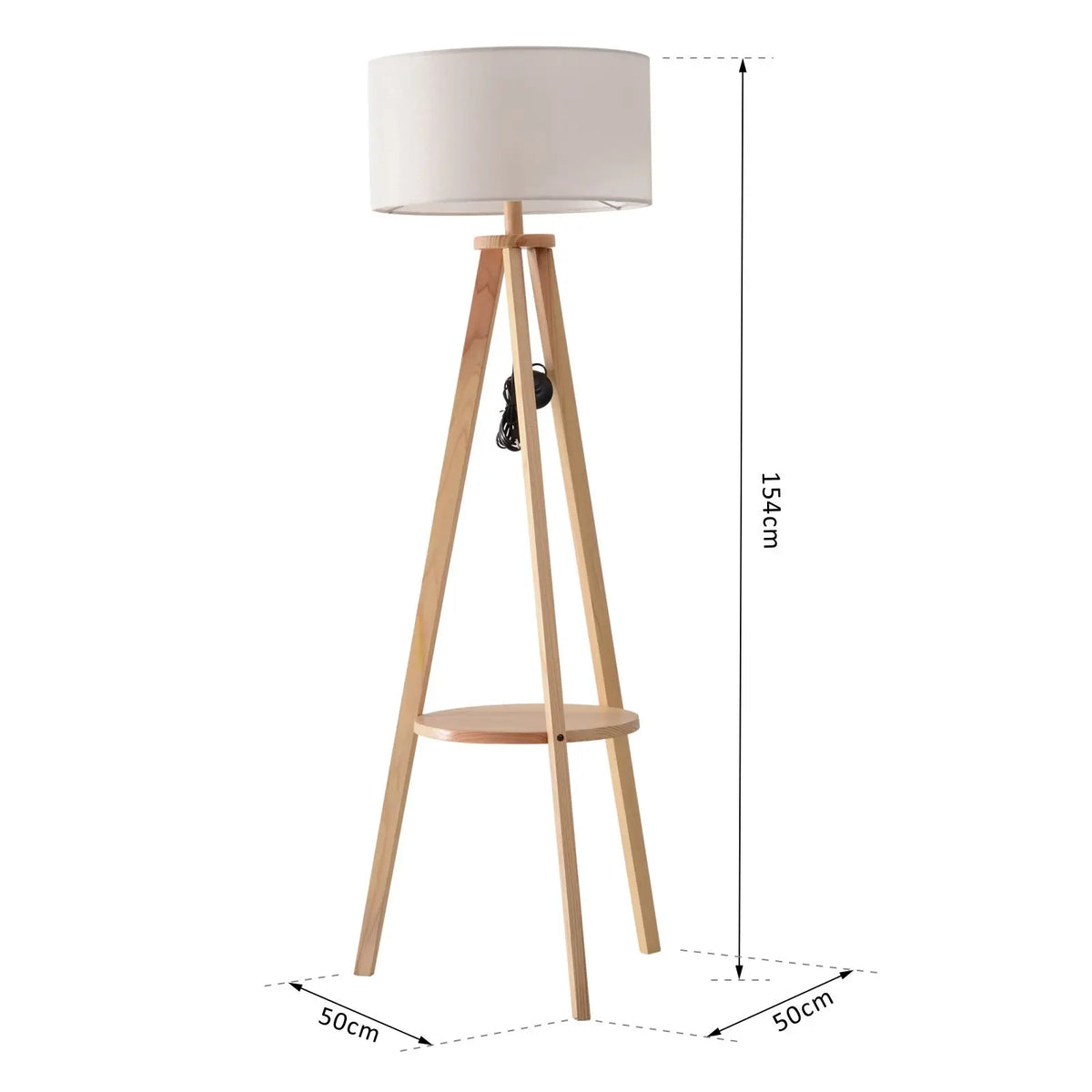 Wooden Tripod Floor Lamp with Storage Shelf and Linen Shade, Cream