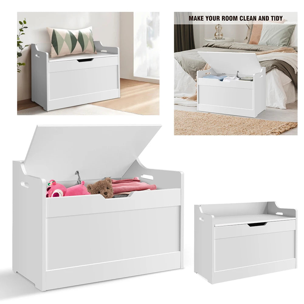 Wooden Storage Box and Bench 40x62.2x46cm 2 in 1 Toy and Blanket Chest MDF Safety Hinge U Shaped Cutout