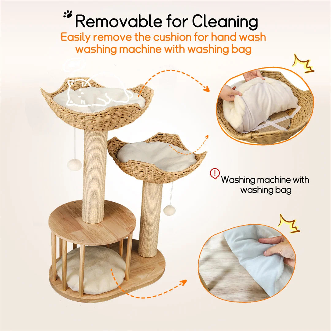 BINGOPAW 3 Tier Cat Climbing Tree 60x40x99cm Activity Centre Scratching Post Natural Wood White