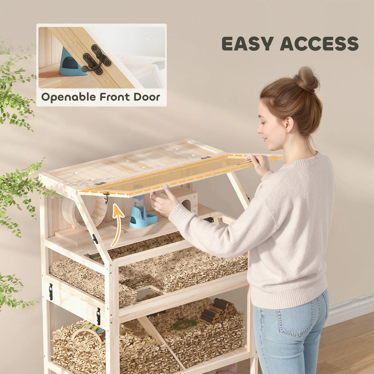 3 Tier Wooden Hamster Cage 80x53x117cm Gerbil Cage with Acrylic Panels Wheel Seesaw and Storage Shelf