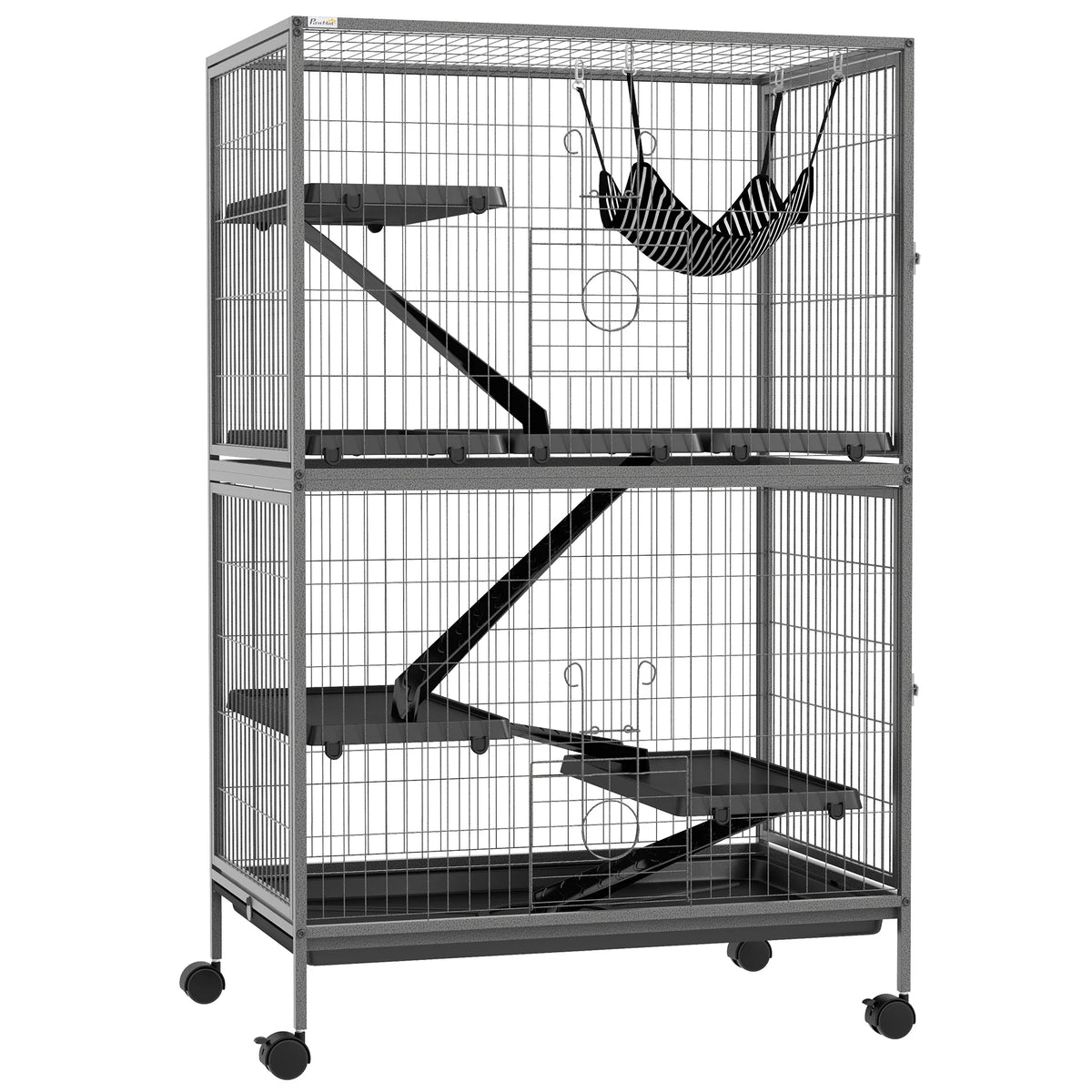 Small Animal Cage on Wheels with Hammock Multiple Platforms Ramps 4 Doors and Removable Tray