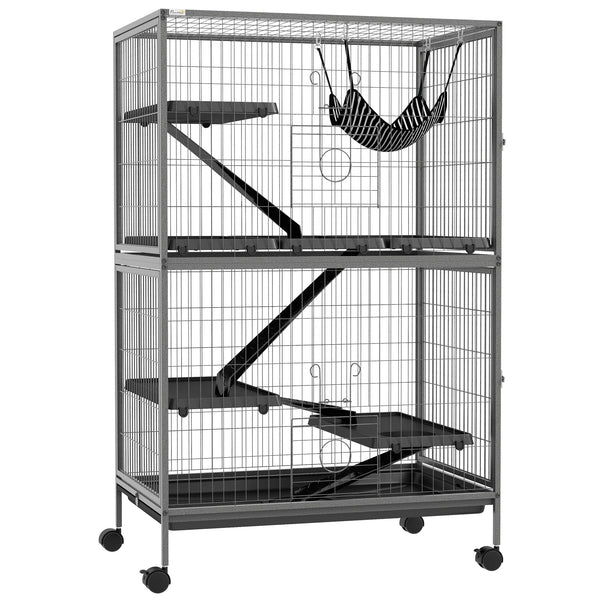 Small Animal Cage on Wheels with Hammock Multiple Platforms Ramps 4 Doors and Removable Tray