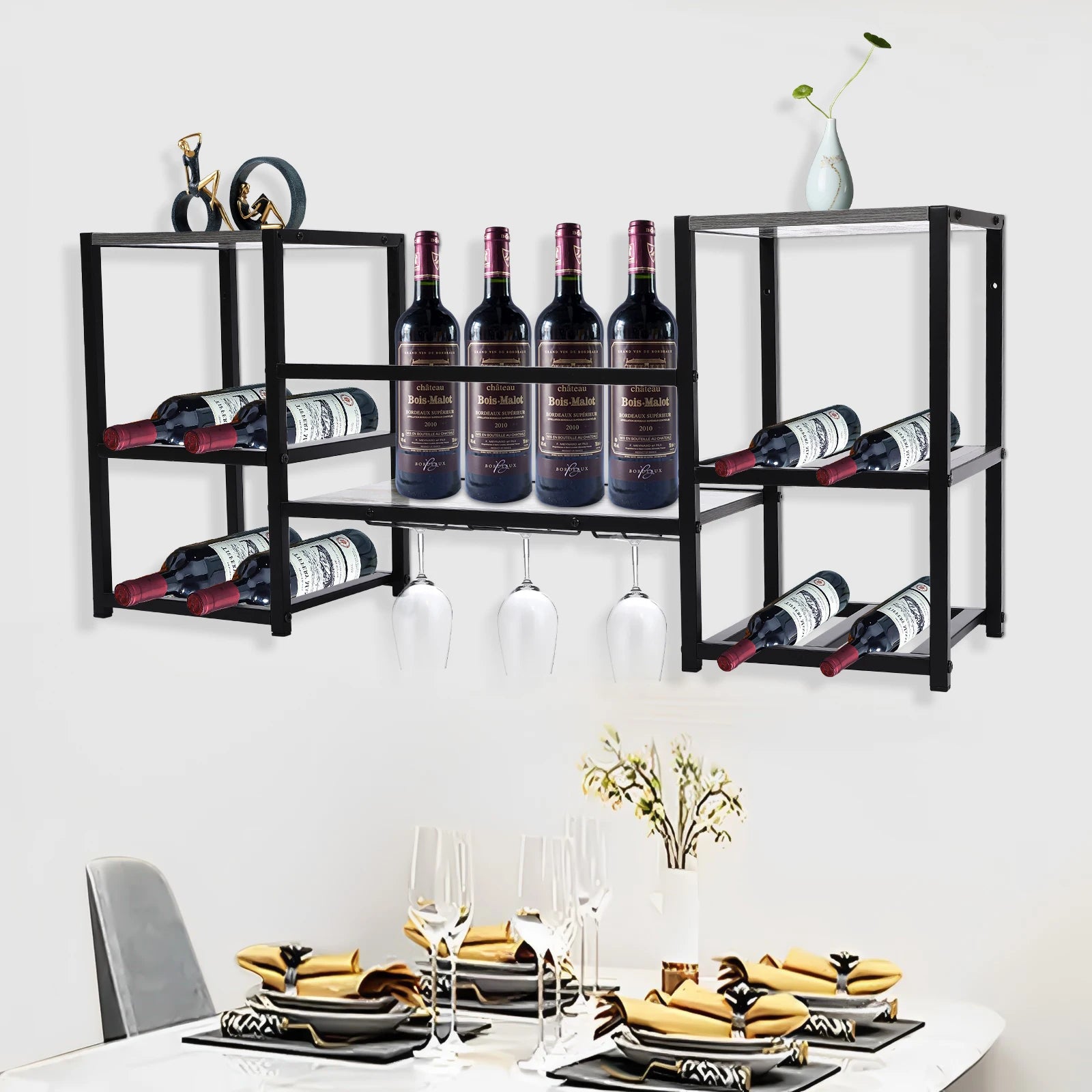 3-Tier Wall and Floor Mounted Wine Rack with Glass Holder | Black Wood Grain Finish Heavy Duty Bottle Display Shelf