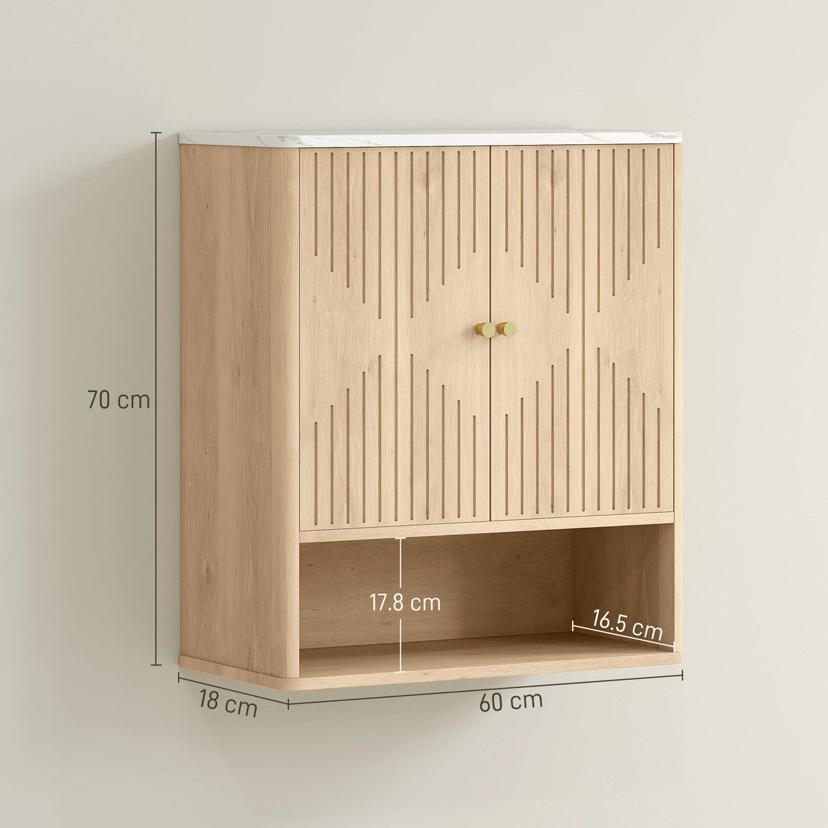 Wall-Mounted Bathroom Cabinet with Adjustable Shelf and Open Shelf, Oak and White