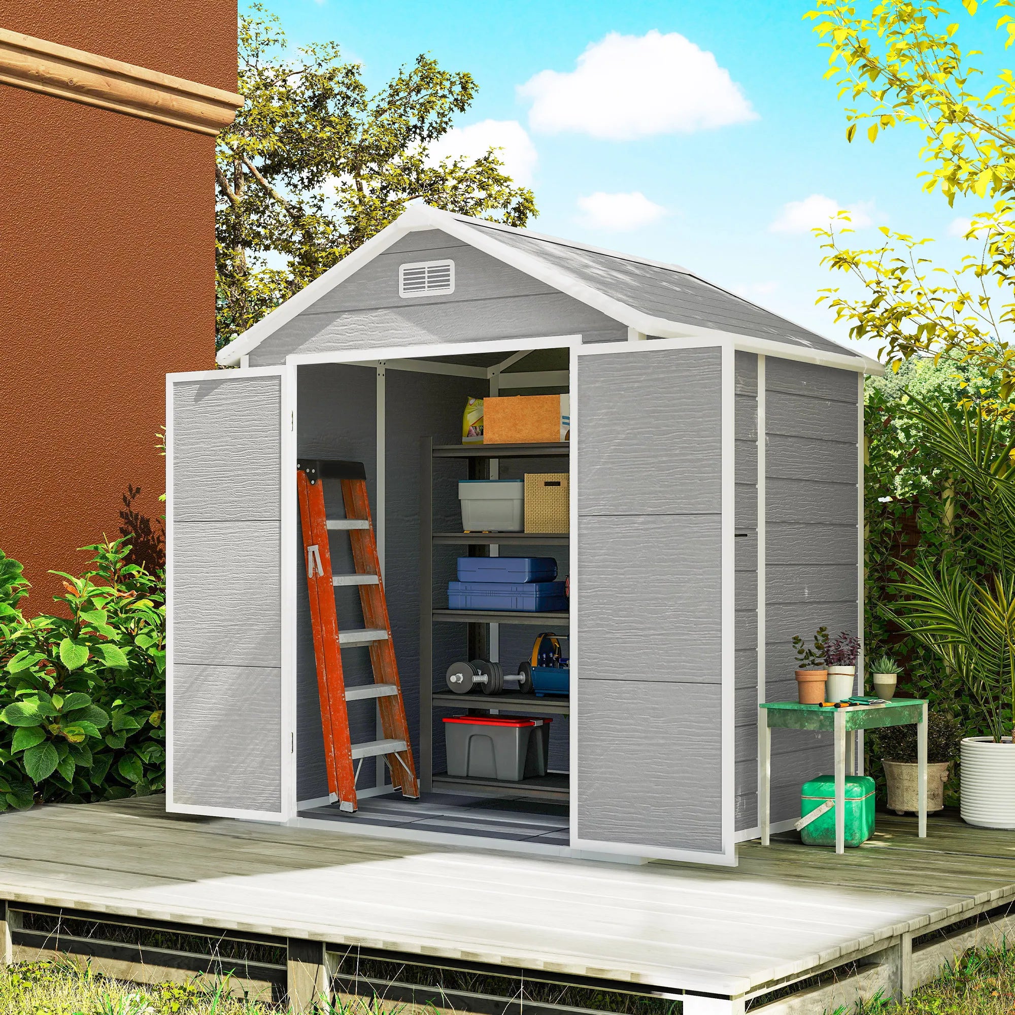 6 x 5ft Resin Plastic Garden Shed with Floor, Window, Double Doors and Dual Ventilation