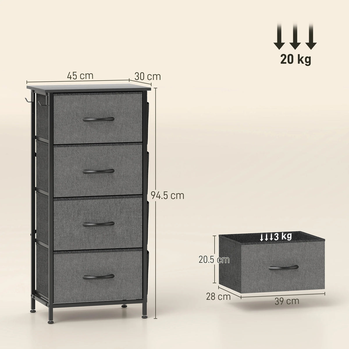 Fabric Chest of 4 Drawers with 4 Side Pockets 2 Hooks Steel X Bar Frame Adjustable Feet Charcoal Grey