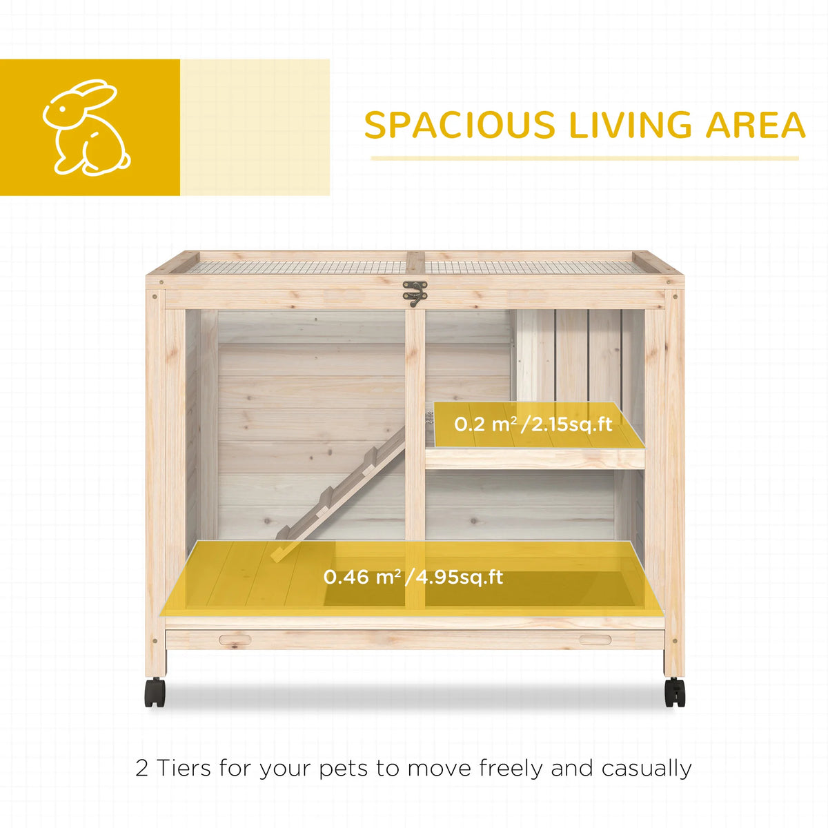 Indoor Wooden Rabbit Hutch 2 Floor Bunny Cage with Ramp Openable Top Latched Door and Wheels