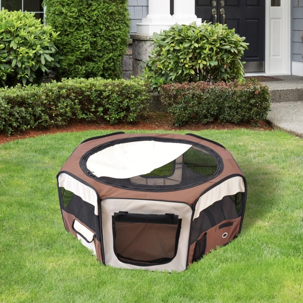 Portable Pet Playpen 90x41cm Brown Steel Frame with Carry Bag for Cats Dogs Rabbits Guinea Pigs