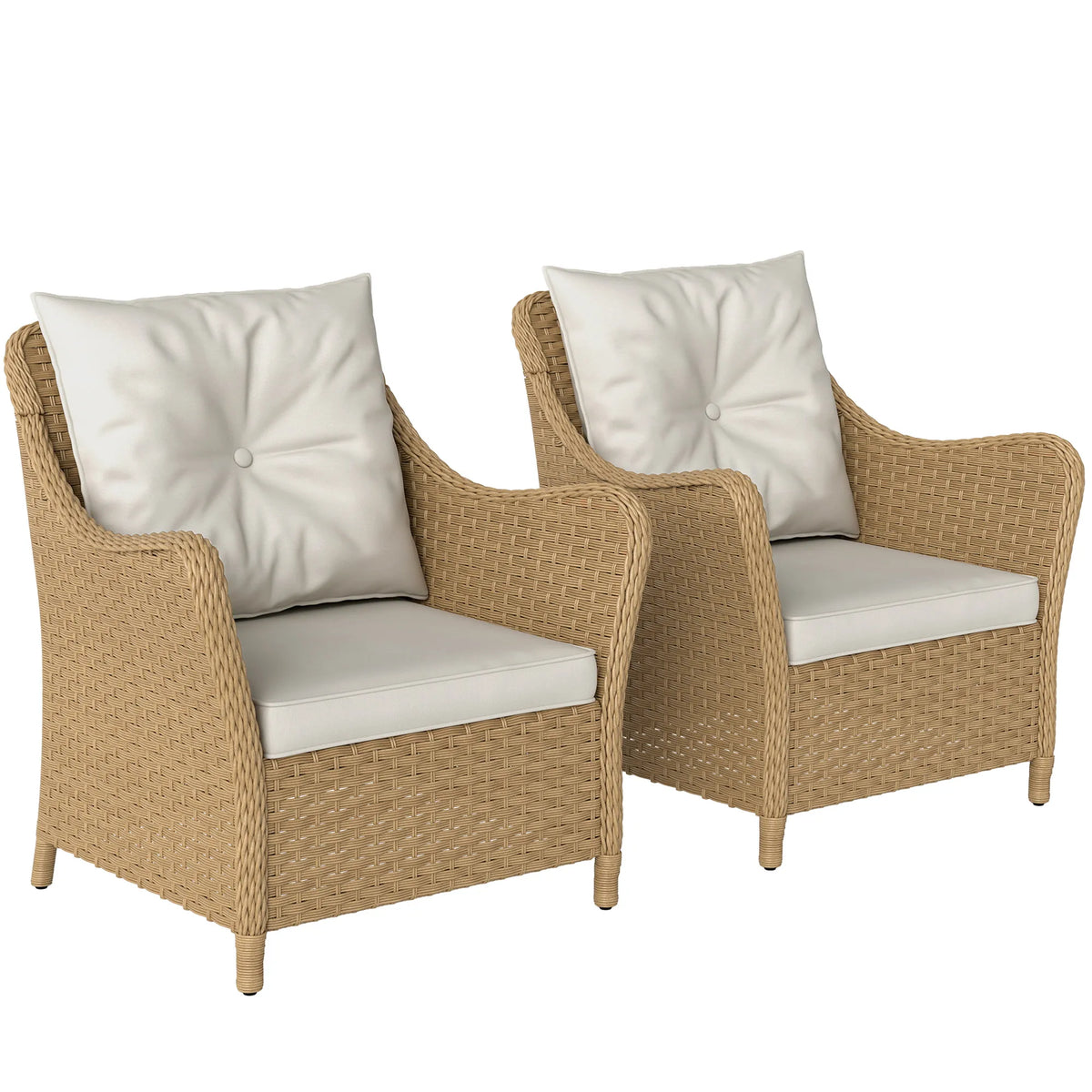 Rattan Garden Chairs Set of 2, Outdoor Rattan Chairs with Cushions, Armrests and High Back, Porch, Beige