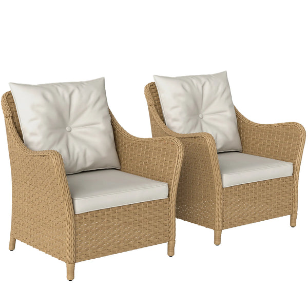 Rattan Garden Chairs Set of 2, Outdoor Rattan Chairs with Cushions, Armrests and High Back, Porch, Beige
