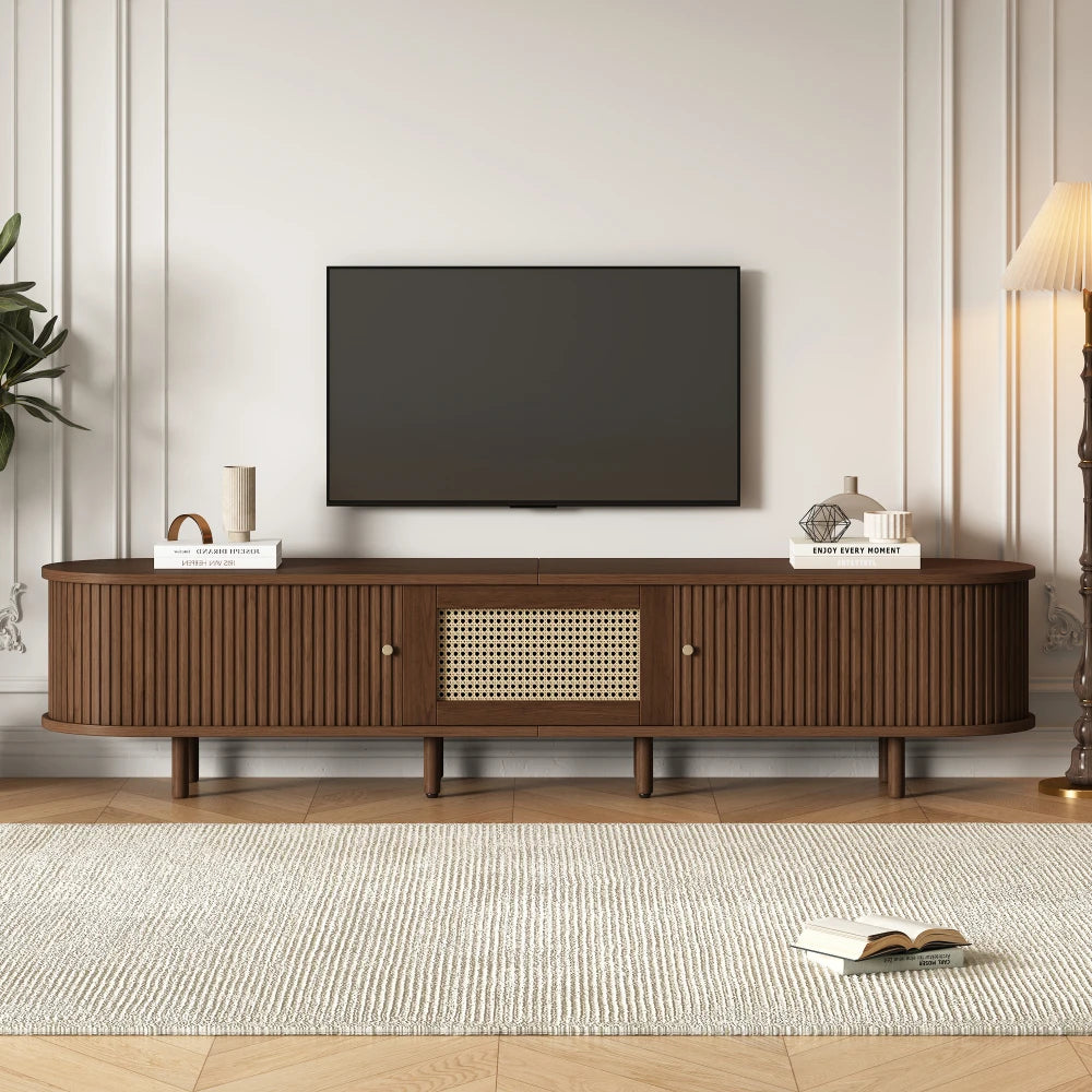 180cm Oak TV Stand with Rattan Drawer, Sliding Doors, Gold Handles and Adjustable Legs